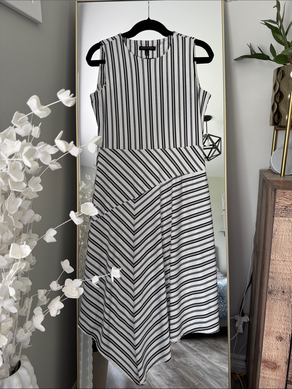 Banana Republic Asymmetrical Hem Navy and White Striped Dress